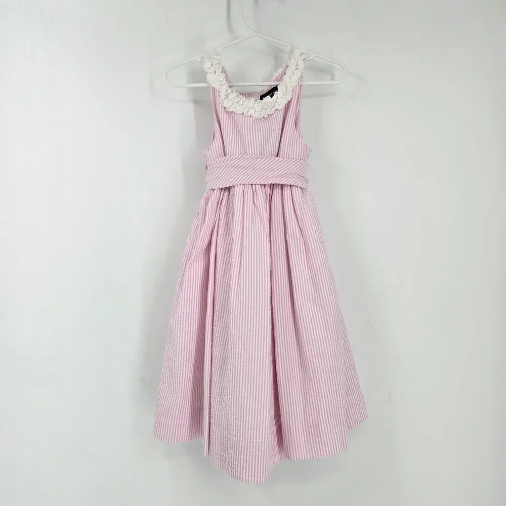 Ralph Lauren Girls Seersucker Dress Size 4T Sleeveless Pink Striped Cottage